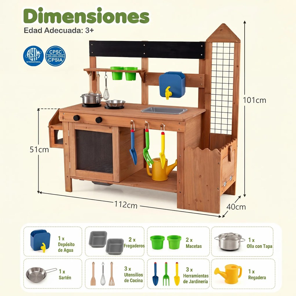 Cozinha  Infantil para Exterior, 112 x 40 x 101 cm, com Floreira e Treliça, Natural