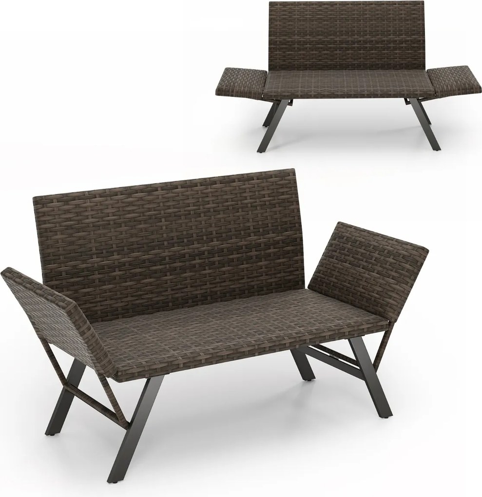 Banco de rattan de 2 lugares de secagem rápida com apoios de braços ajustáveis com estrutura metálica Cor Rattan misto