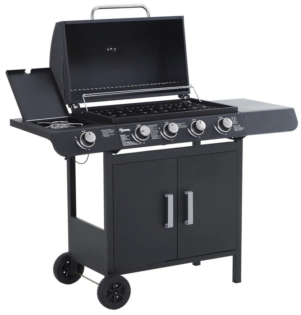 Outsunny Barbecue a Gás com 4+1 Queimadores 14,4 kW Mesas Laterais Armário de Armazenamento Termômetro e 2 Rodas 125x51x100 cm Preto | Aosom Portugal