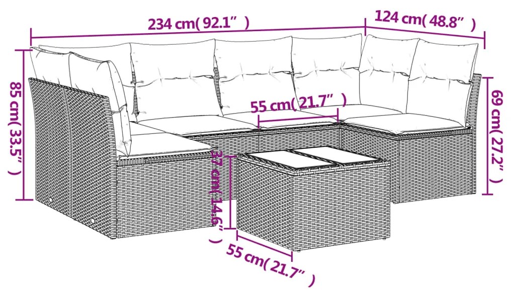 7 pcs conjunto de sofás p/ jardim c/ almofadões vime PE preto
