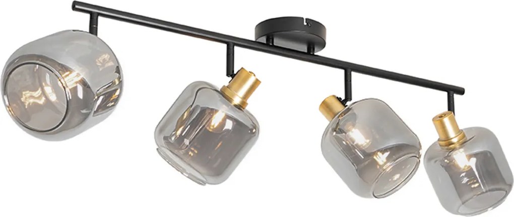 Candeeiro de teto com focos preto com dourado e vidro fumê 4 luzes - Zuzanna