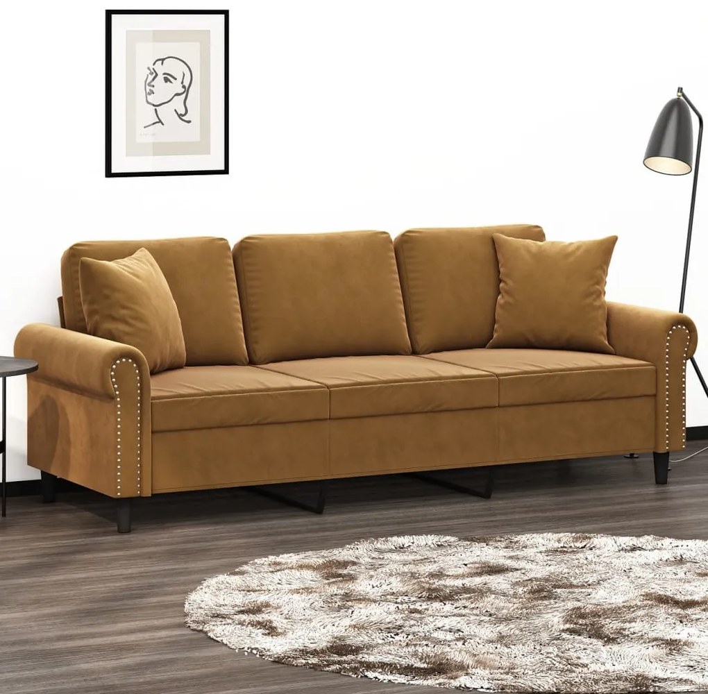 vidaXL Sofá 3 lugares c/ almofadas/almofadões 180 cm veludo castanho