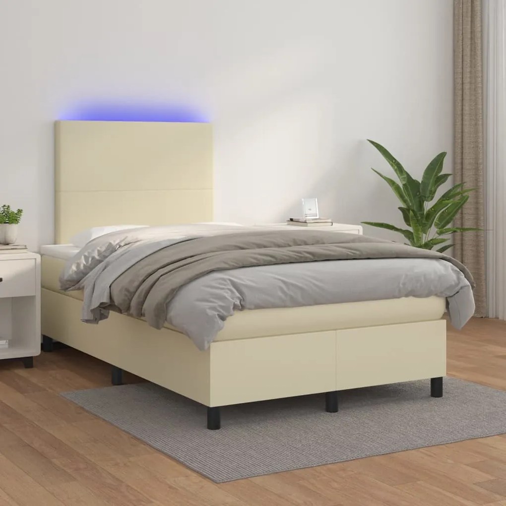 vidaXL Cama box spring c/ colchão/LED 120x200cm couro artificial creme