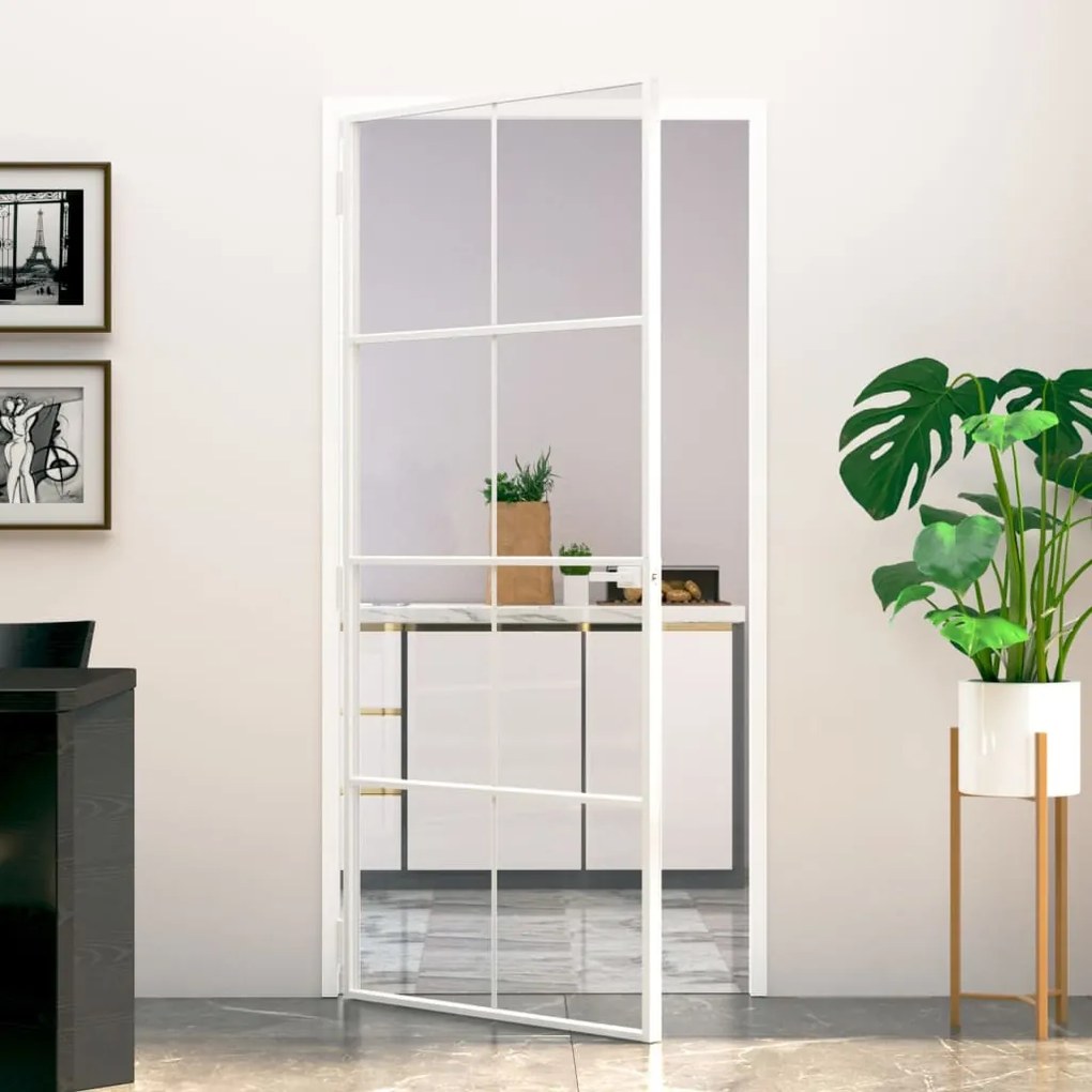 153672 vidaXL Porta interior 93x201,5 cm vidro temperado/alumínio fino branco