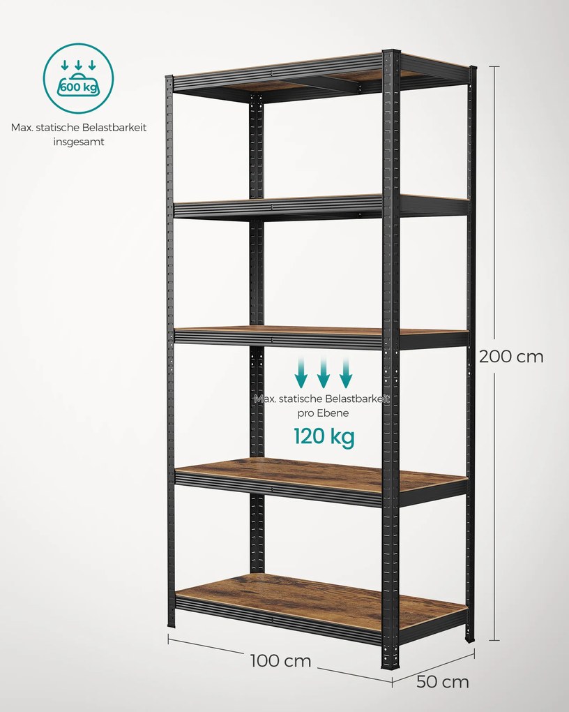 Estante arrumação garagens, escritáorio, arrumos com estrutura metálica 50 x 100 x 200 cm castanho Vintage-preto