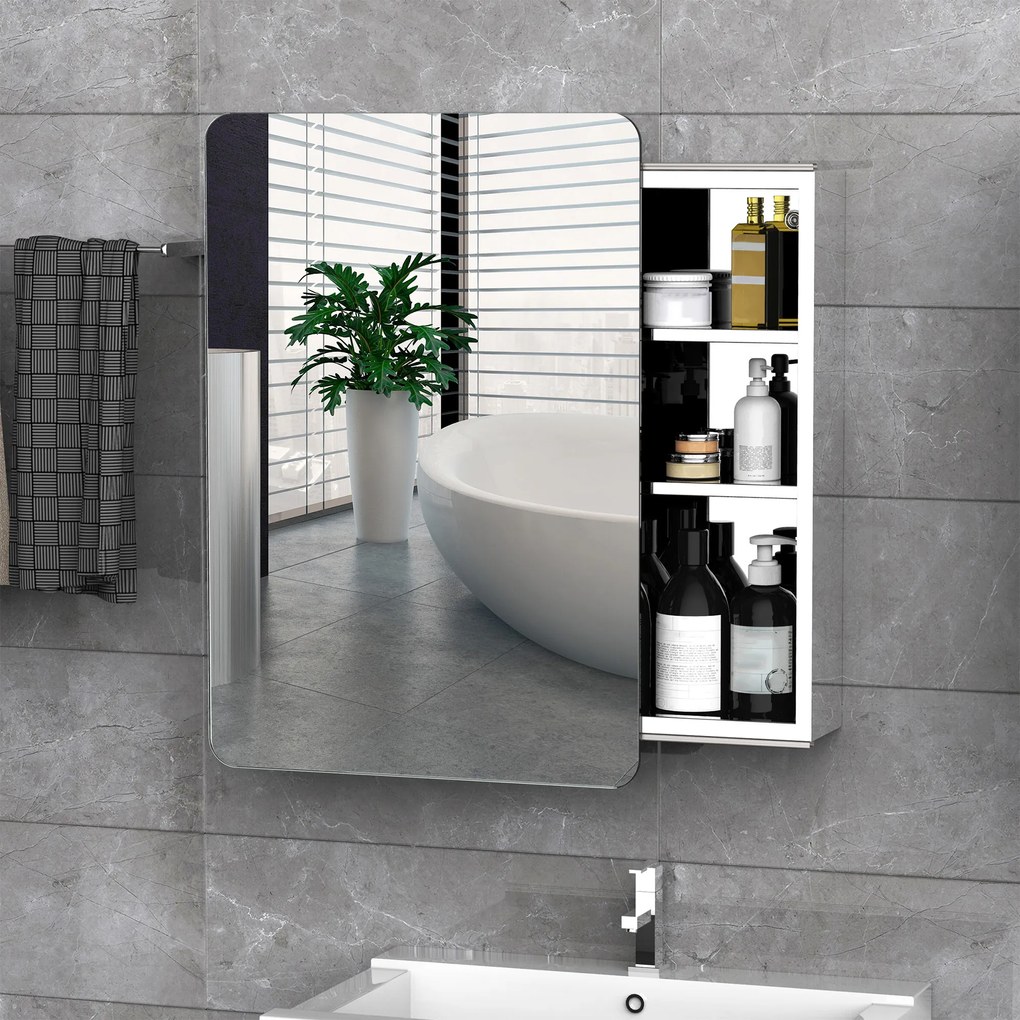 kleankin Armário de Casa de Banho com Espelho Móvel Auxiliar de Parede com Porta de Correr e 3 Prateleiras de Armazenamento para Sala de Estar Cozinha Dormitório 46x12x66cm Prata