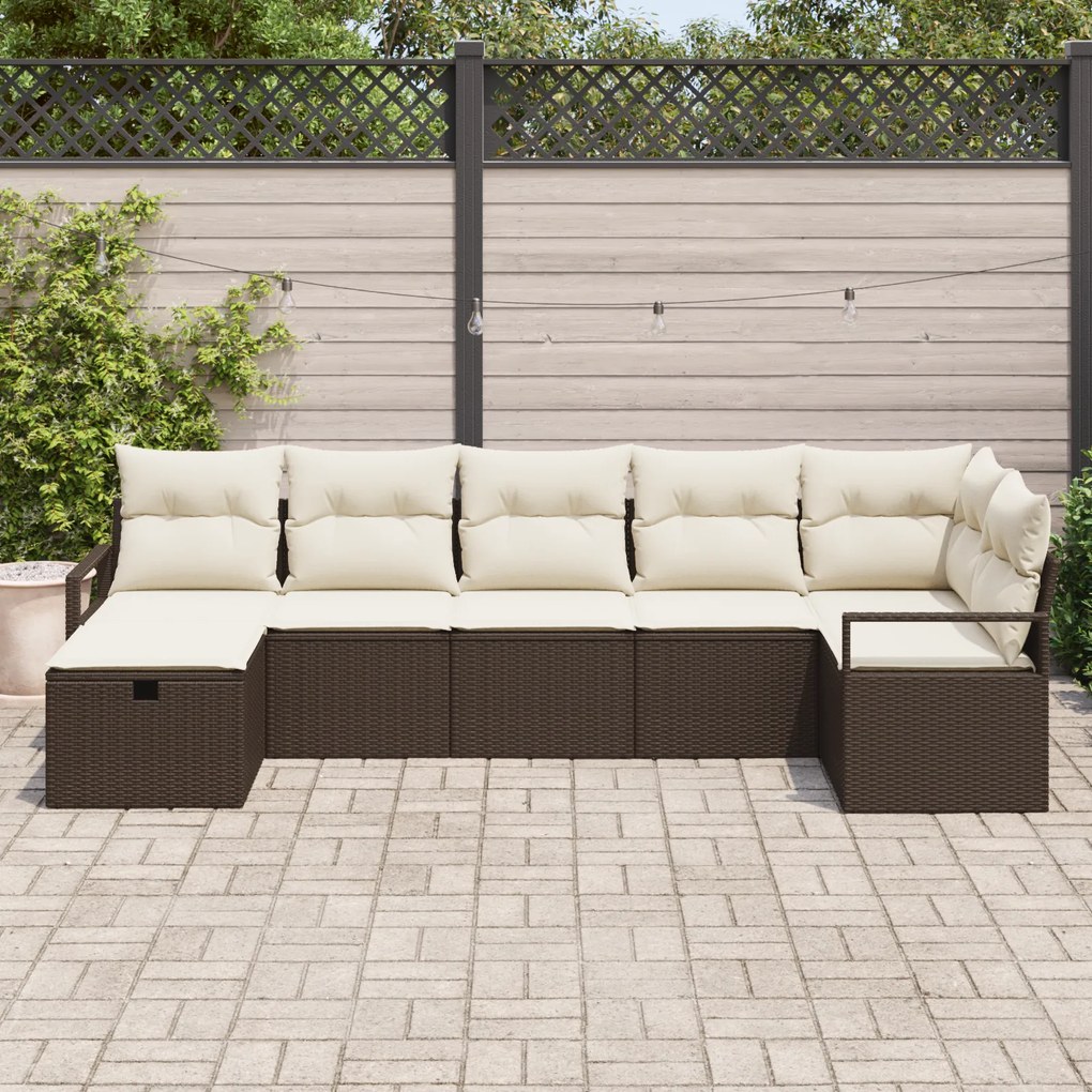 Conjunto de Sofá de Jardim de 7 Peças com Almofadas Castanho Vime PE