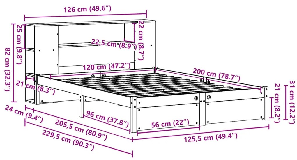 Cama com estante sem colchão 120x200 cm pinho maciço