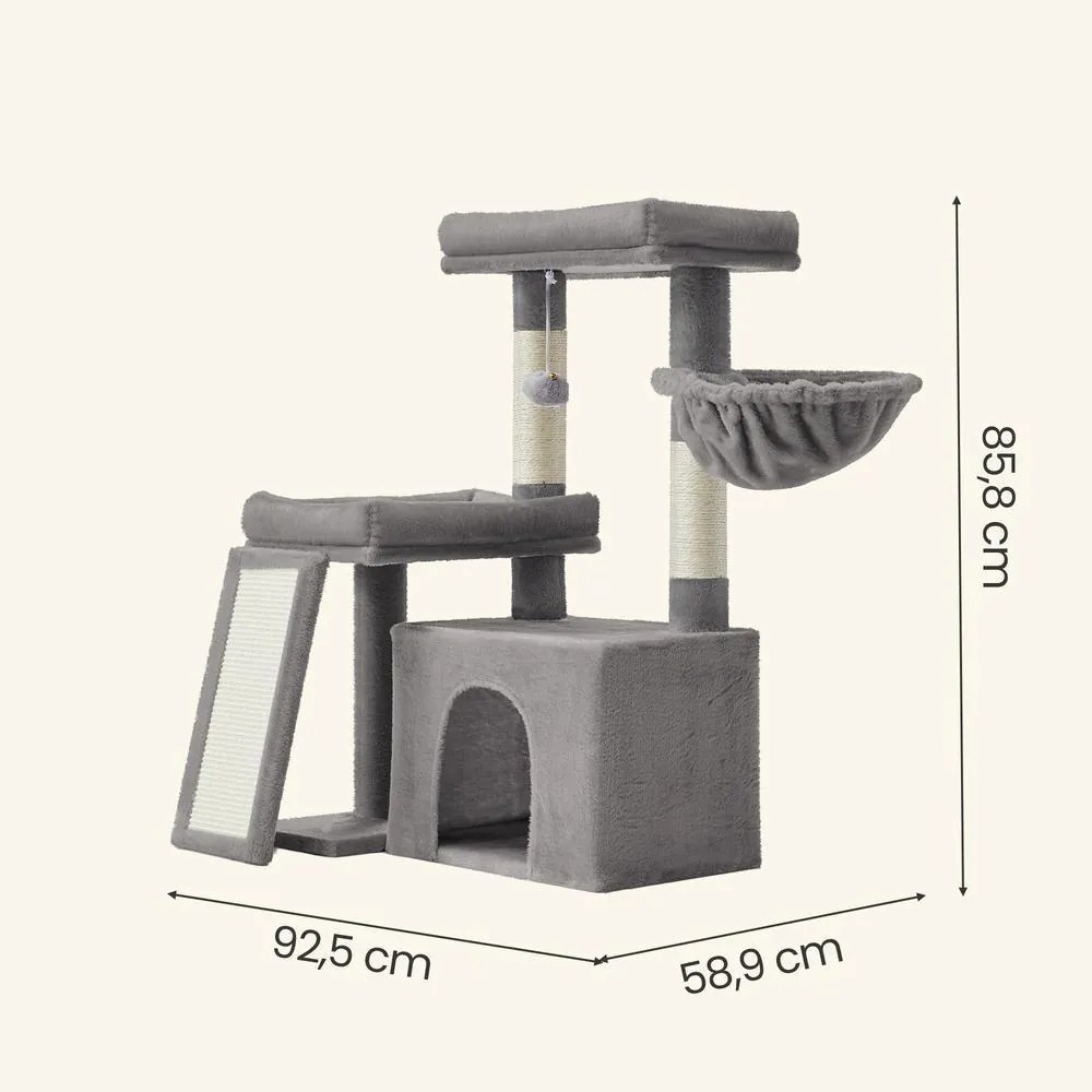 Arranhador para gatos com caverna 92,5 x 58,9 x 85,8 cm, árvore para gatos com rampa e cesto, 2 plataformas grandes cinzento claro