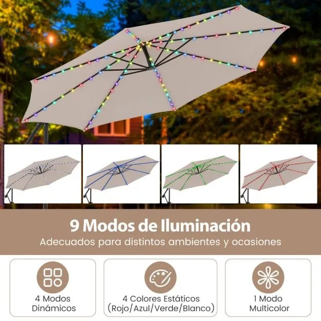 Guarda-sol 300 x 260 cm com base, iluminação LED, 9 modos, ajuste fácil da inclinação, rotação de 360° Bege