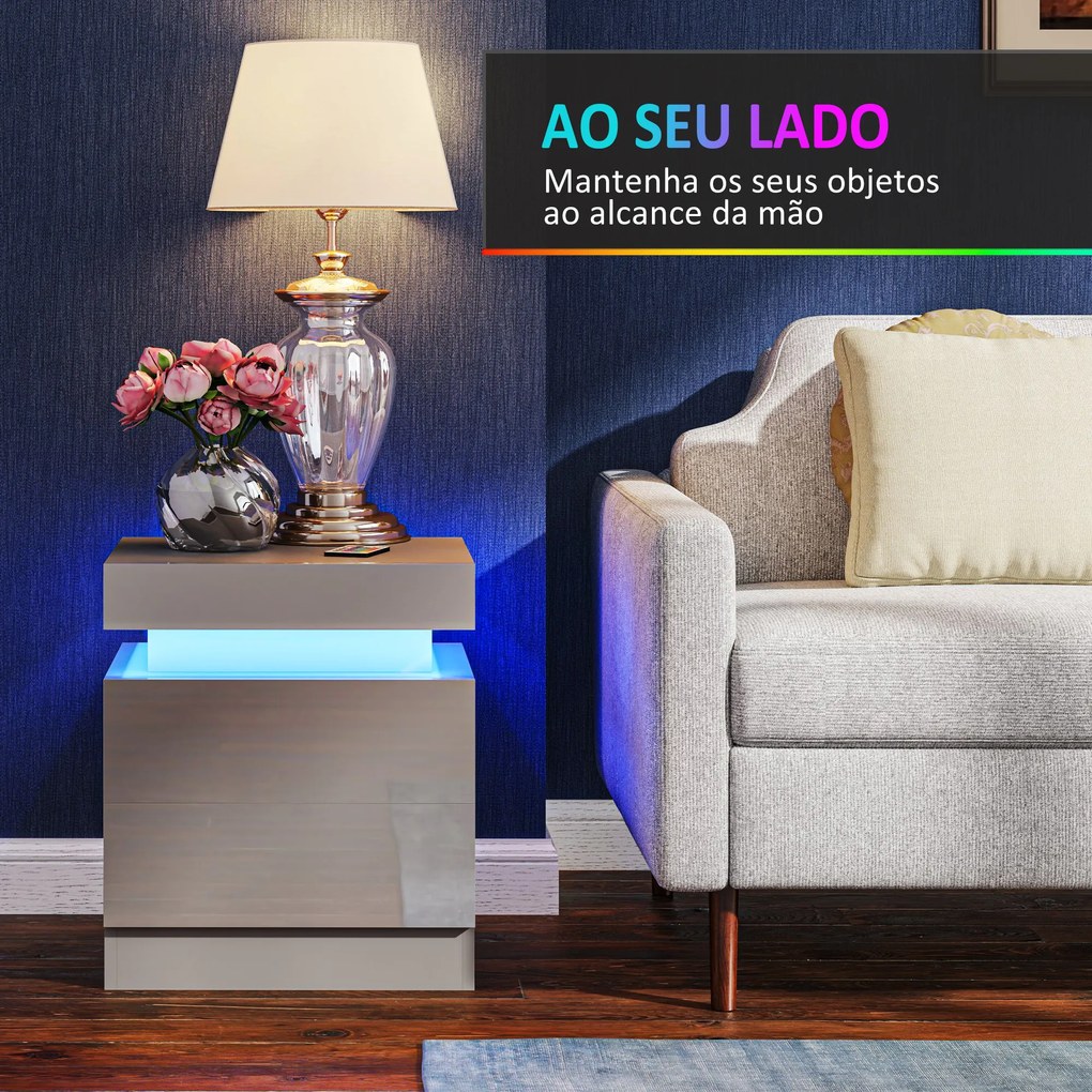 Mesa de Cabeceira com Luz LED Painel de Alto Brilho 2 Gavetas e Controlo Remoto para Dormitório 45x35x52 cm Cinzento