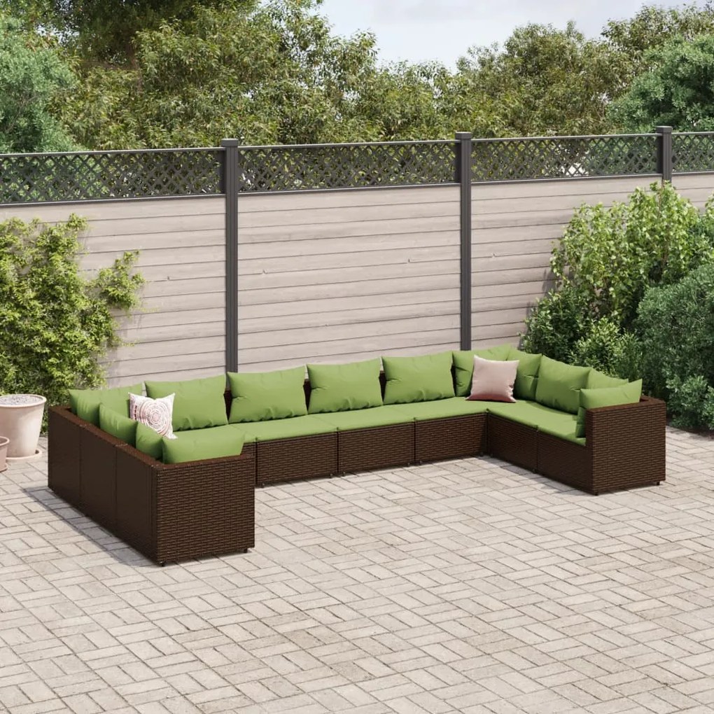 vidaXL 10 pcs conjunto lounge jardim c/ almofadões vime PE castanho