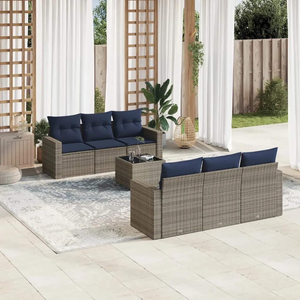 vidaXL 7 pcs conjunto sofás p/ jardim c/ almofadões vime PE cinzento