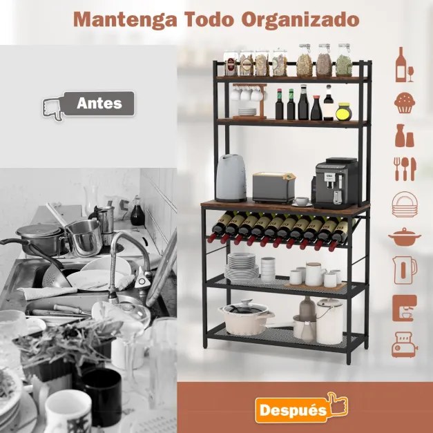 Estante de cozinha com 6 níveis, 6 prateleiras, 6 ganchos, suporte inclinado para garrafas e 2 prateleiras de rede 90 x 35 x 165 cm Castanho rústico