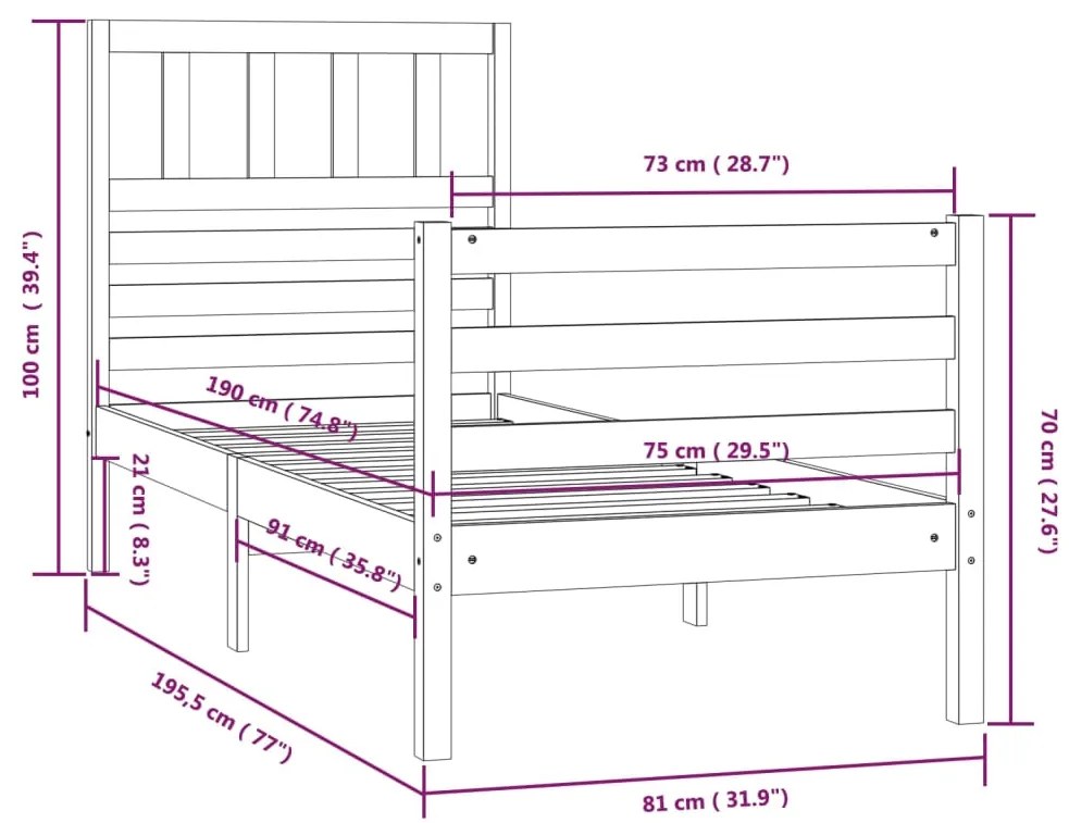 Estrutura de cama pequena solteiro 75x190 cm madeira maciça