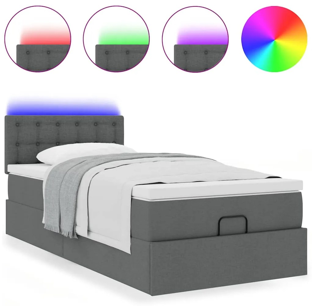 Cama otomana com colchão & LEDs 90x200cm tecido cinzento escuro