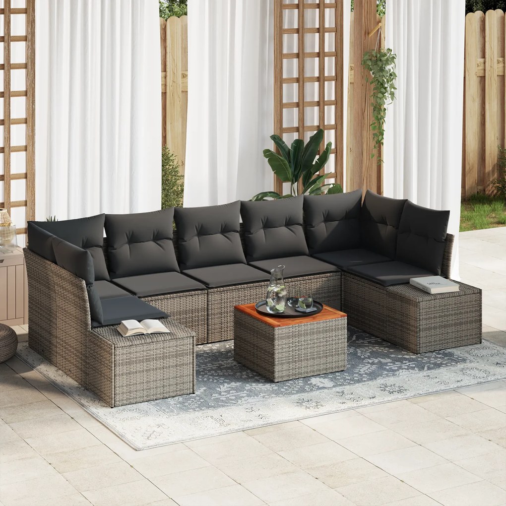 vidaXL Conjunto de Sofá de Jardim de 8 Peças com Almofadas Cinza Rattan Poliéster