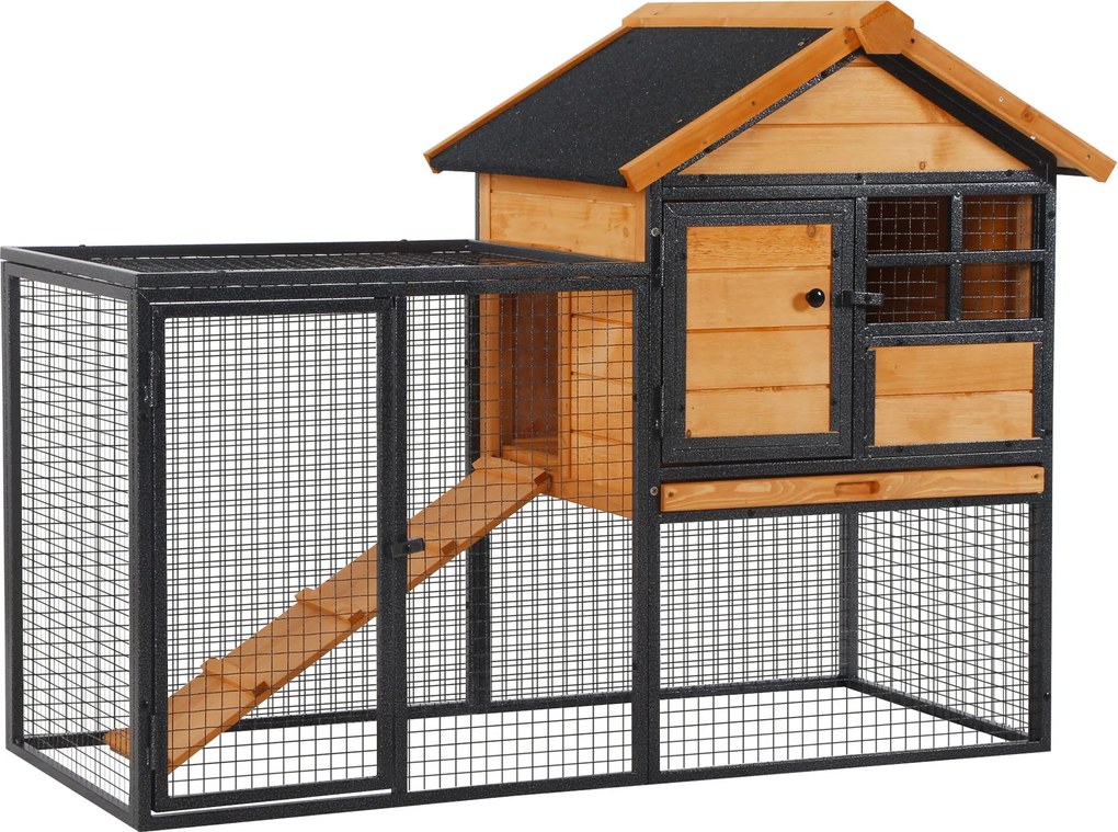 Coelheira para pequenos animais de estimação de 2 níveis com rampa e bandeja removível 122x63x92 cm madeira e cinza