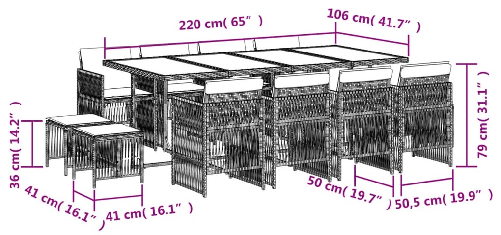 13 pcs conjunto jantar p/ jardim c/ almofadões vime PE cinzento