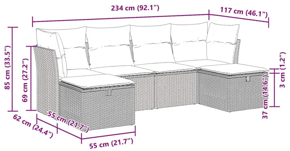 6 pcs conjunto de sofás p/ jardim com almofadões vime PE bege