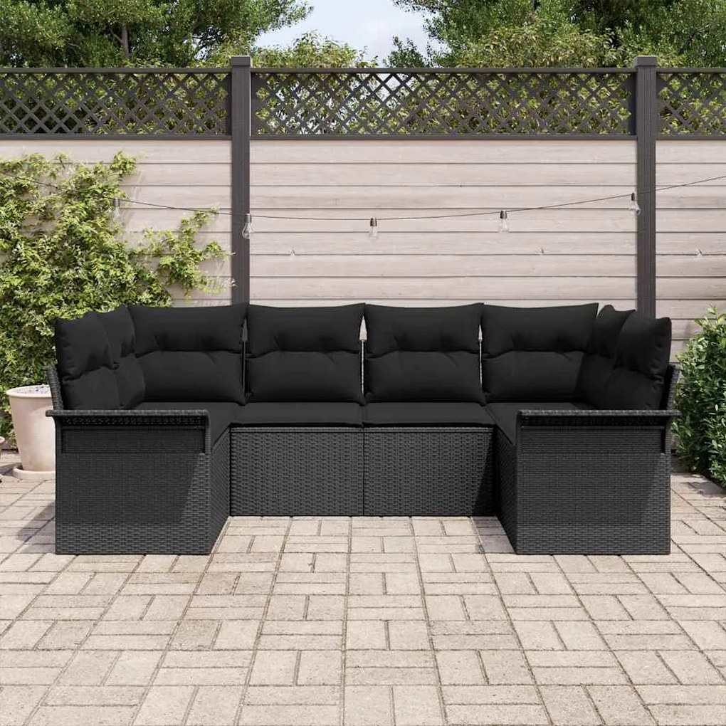 Conjunto de Sofás de Jardim de 6 Peças com Almofadas Pretas em Rattan