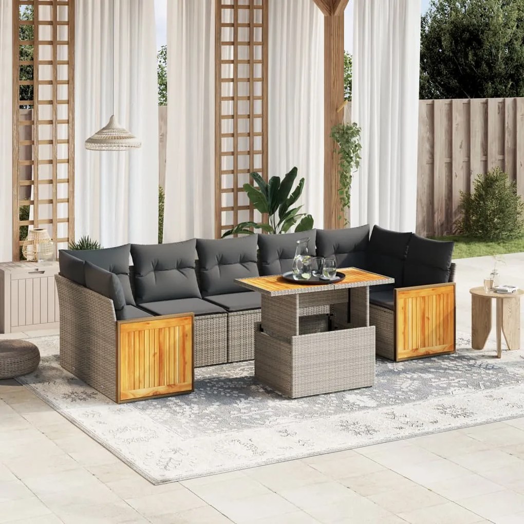 8 pcs conjunto sofás de jardim c/ almofadões vime PE cinzento