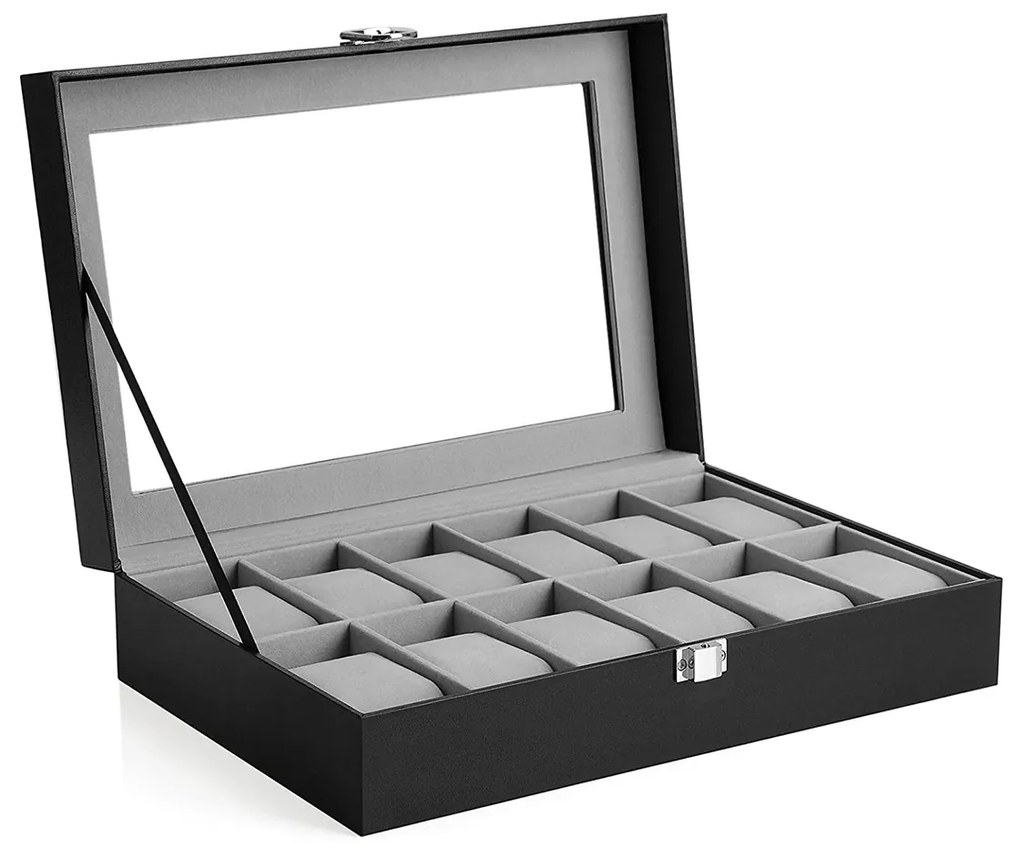 Caixa para proteger 12 relógios com tampa de vidro 32 x 18,6 x 8,5 cm preto + cinzento