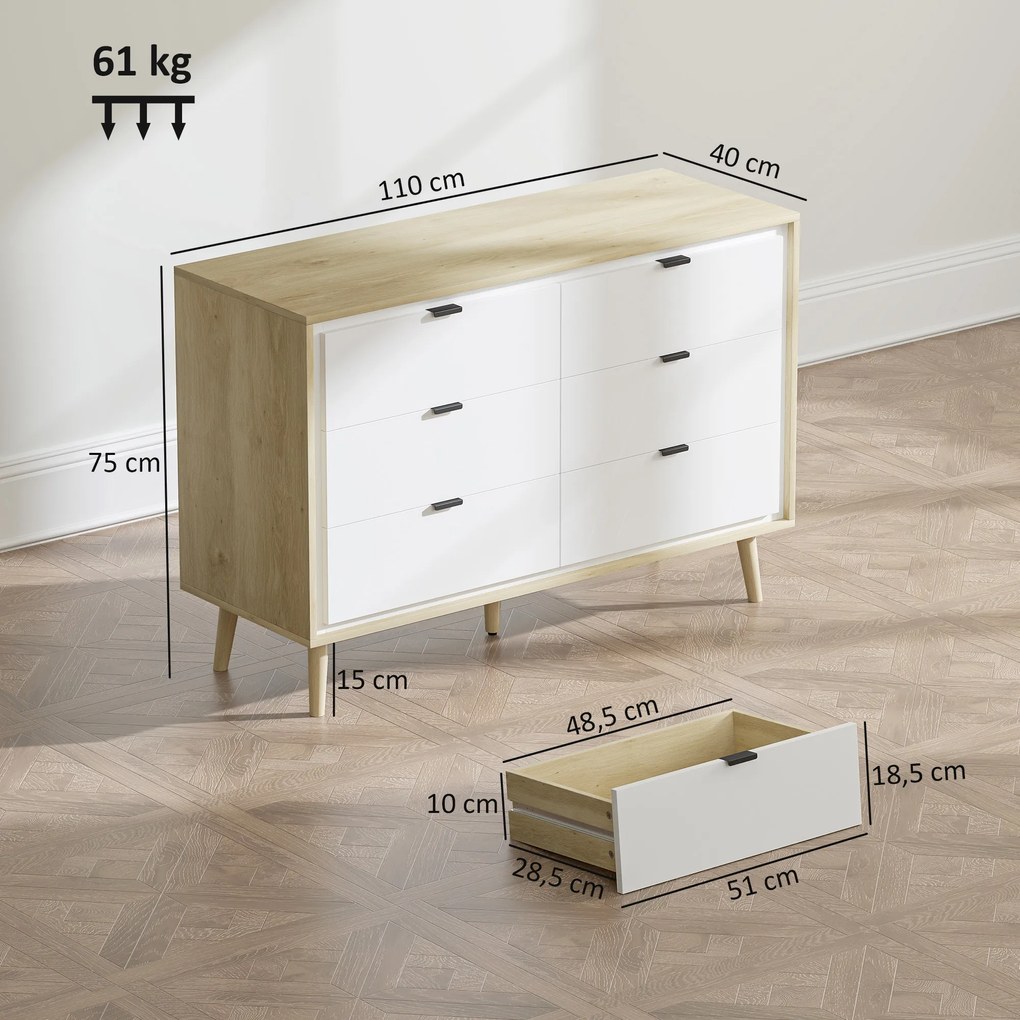 Cómoda 6 Gavetas 110x40x75 cm Quarto com Pernas de Madeira Estilo Moderno  Branco Brilhante e Carvalho