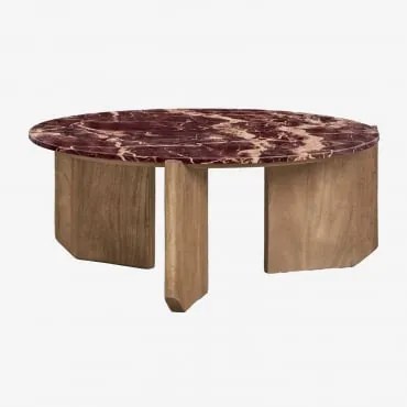 Mesa De Centro Redonda Em Pedra Natural E Madeira De Manga Lavinia Mármore Vermelho Cherry Gold & Madeira De Manga Rústica & Ø70 Cm - Sklum