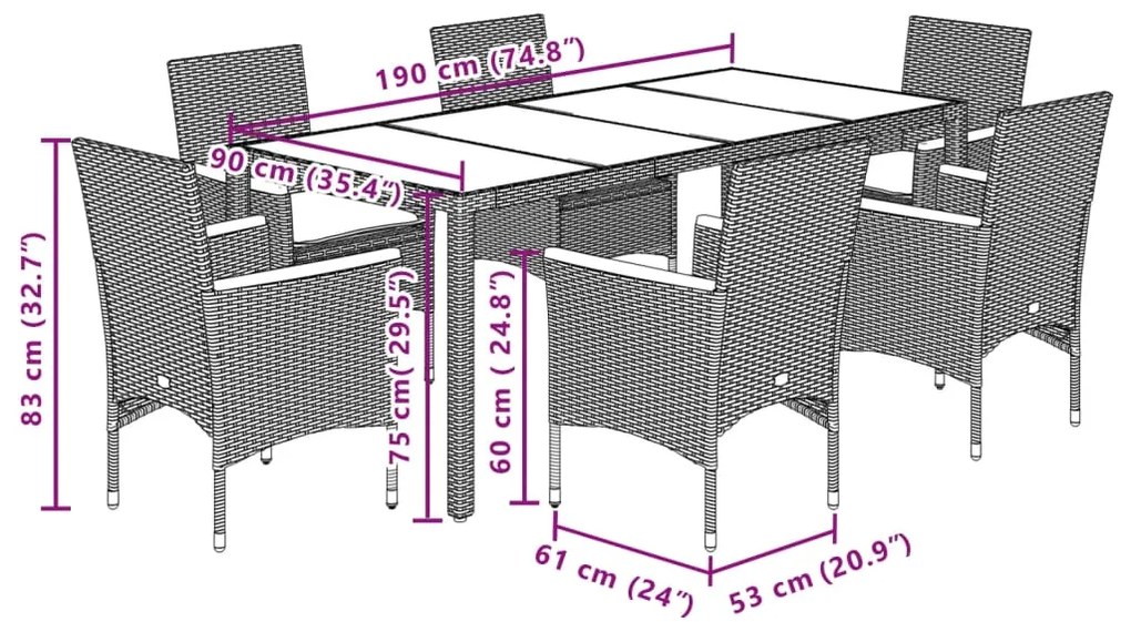 7 pcs conjunto jantar jardim c/ almofadões vime PE/acácia cinza