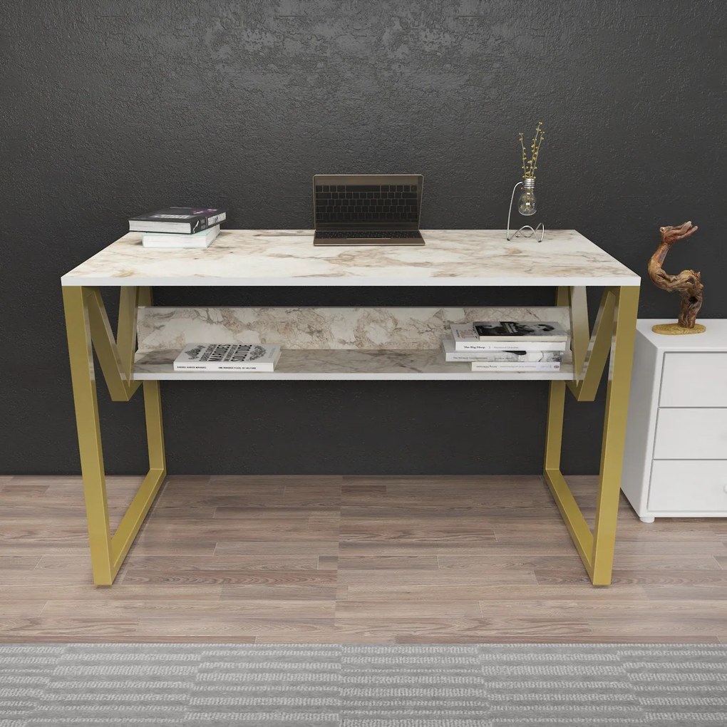 Secretária Lona – Branco e Dourado – 120x72,8x60 cm