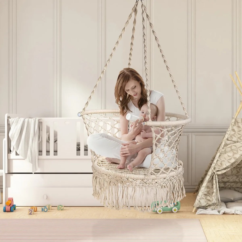 Cadeira Baloiço Hammock com Cordas e borlas de algodão de assento Interior e Exterior Pátio Jardim Branco Até 160 kg