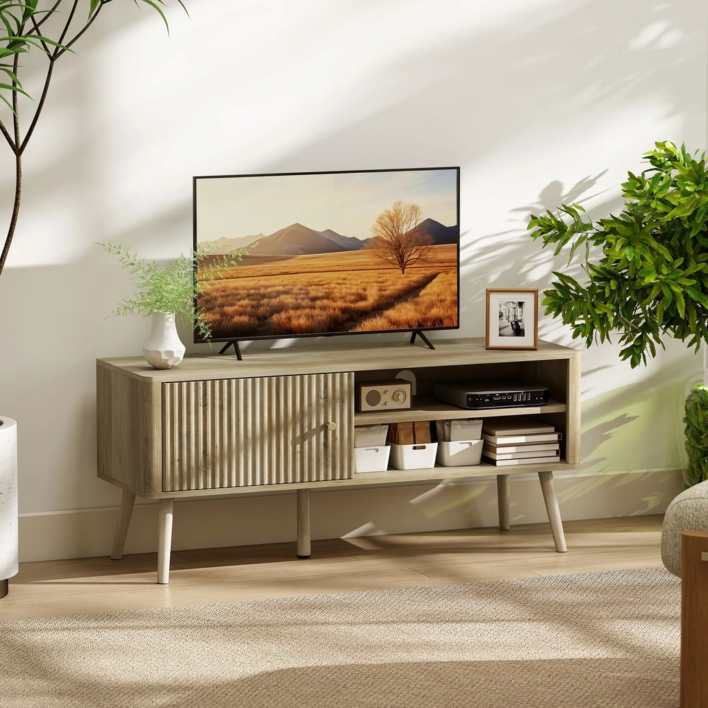 Móvel de TV para Televisão até 55 Polegadas com Porta Acanalada Prateleira Ajustável Compartimentos Abertos 115x35x49 cm cor Carvalho