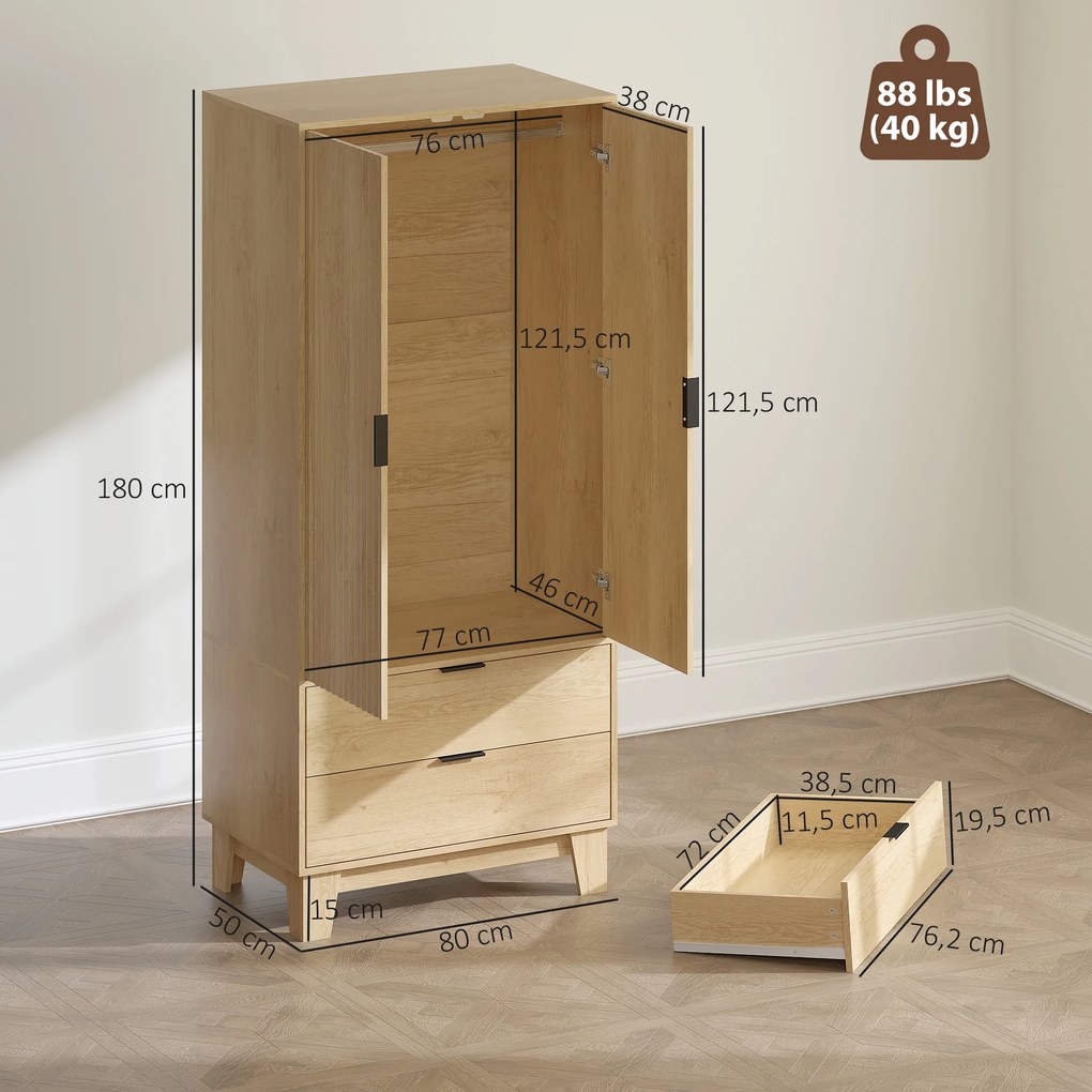Guarda roupa de quarto 80 x 50 x 180 cm com 2 portas com fecho suave, 2 gavetas e barra para pendurar roupa, madeira natural