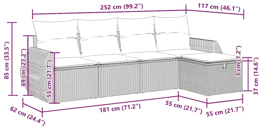 5 pcs conjunto sofás p/ jardim c/ almofadões vime PE castanho