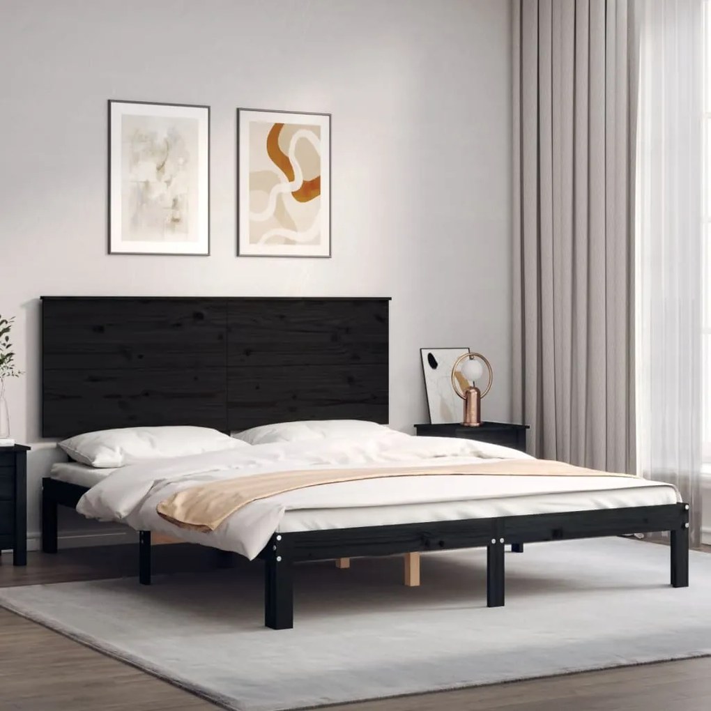 vidaXL Estrutura de cama King Size com cabeceira madeira maciça preto