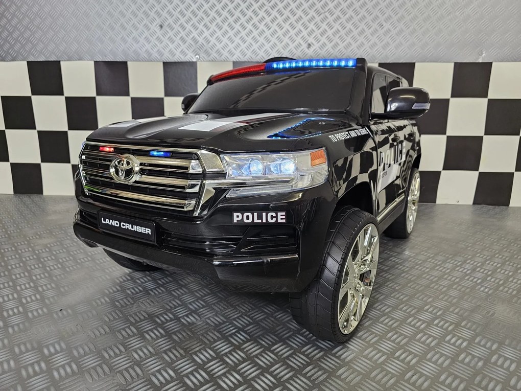 Carro elétrico para crianças Policia TOYOTA LAND CRUISER 24V, Assento pele, Pneus Borracha, 4x4, Luzes Preto