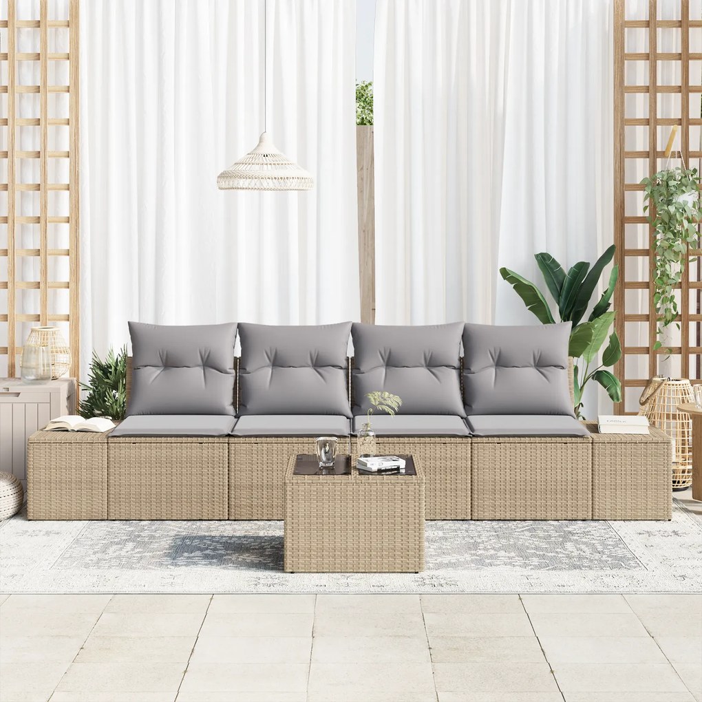 Conjunto de Sofá de Jardim de 5 Peças com Almofadas Bege Vime Rattan