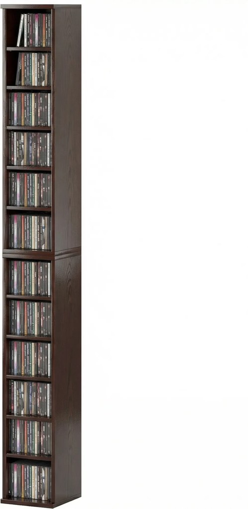 Conjunto de 2 prateleiras verticais para arrumação de CDs e DVDs, com 12 compartimentos, 21 x 22,5 x 88,5 cm, capacidade para 204 CDs, castanho