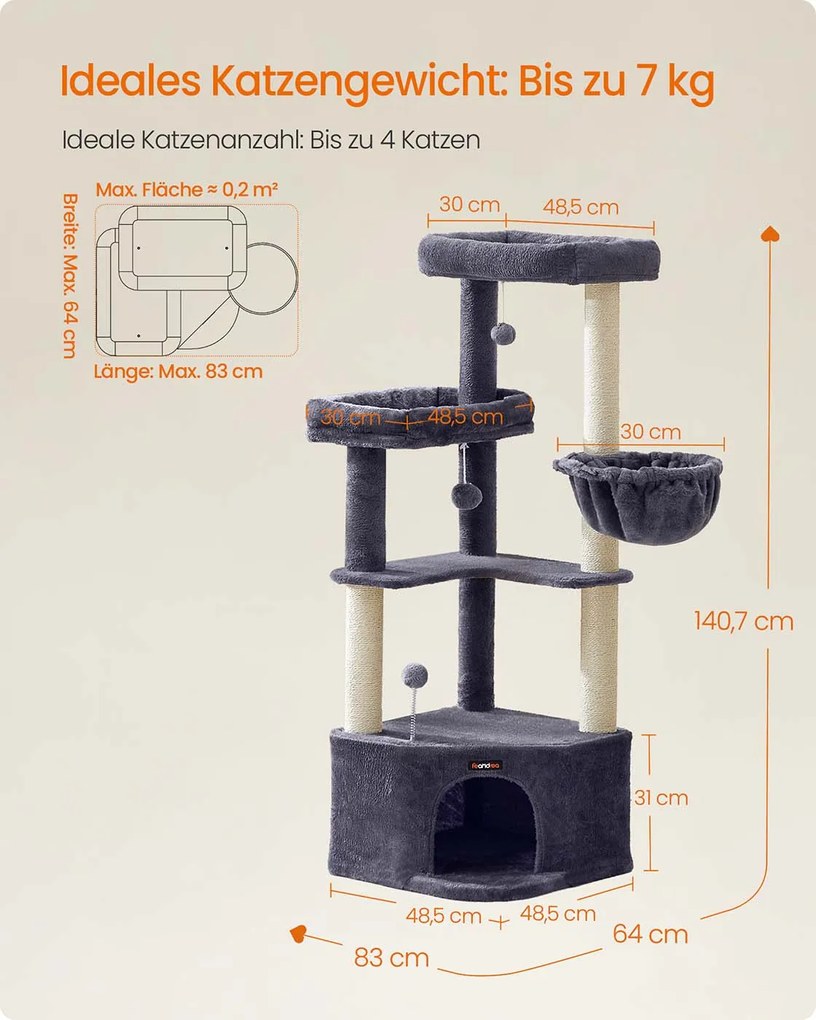 Arranhador para gatos 48,5 x 48,5 x 140,7 cm com uma grande caverna e várias áreas para brincar e descansar cinzento escuro