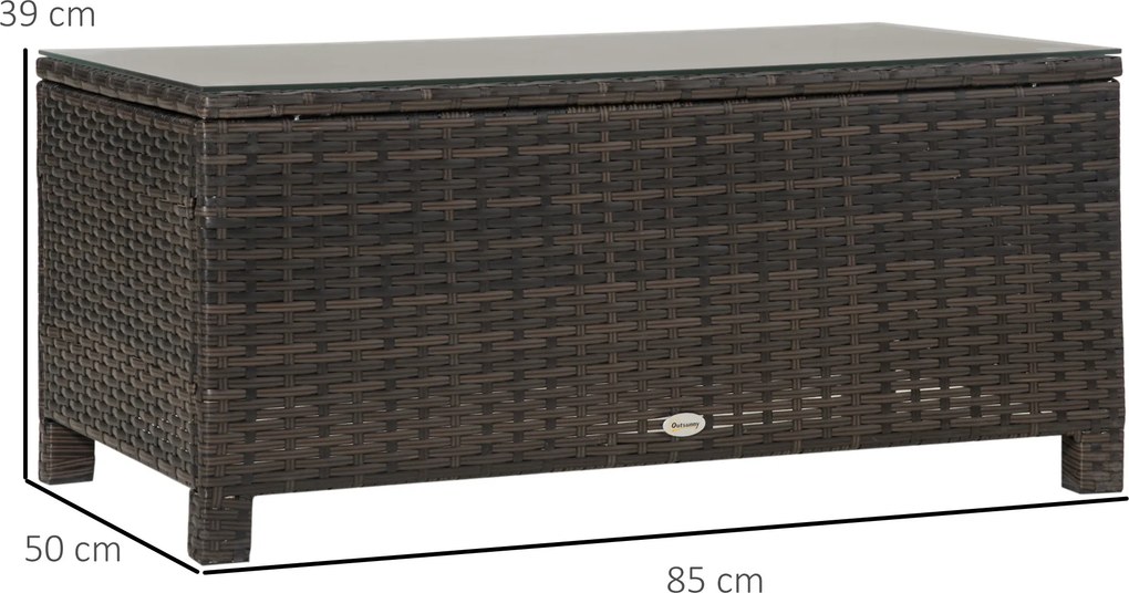 Mesa de Centro Jardim de Vime Sintético Mesa de Apoio para Exterior com Vidro Temperado 85x50x39 cm Castanho