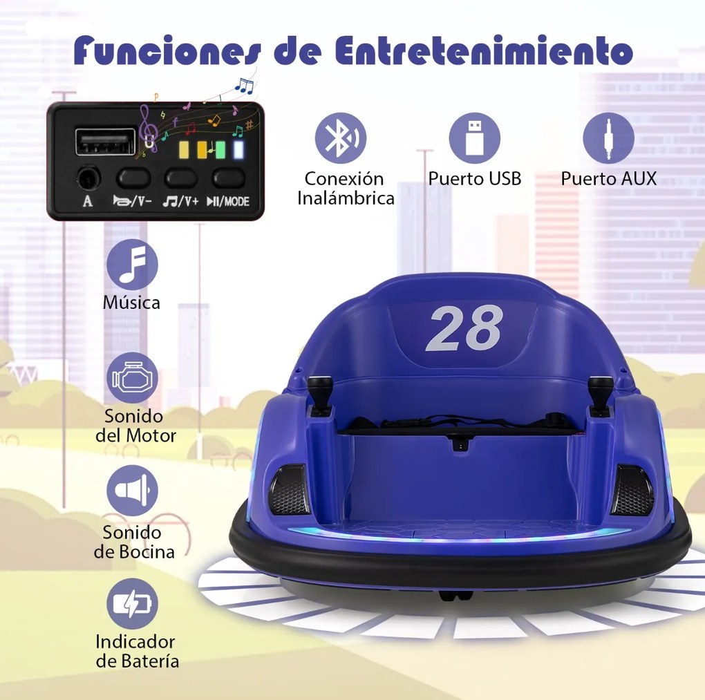 Carrinho de choque para crianças a bateria 6V com luzes LED, conexão sem fio, música e som, rotação de 360°, Púrpura