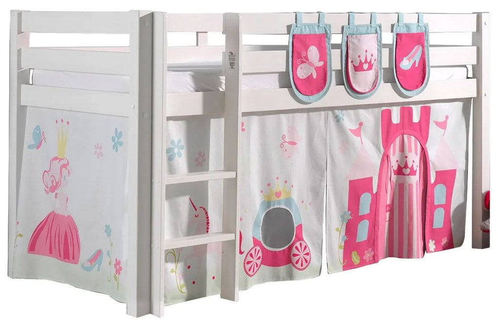Conjunto Cama alta de Criança PINO 90 x 200 cm + estrado + escada + cortina + 3 bolsas Princesa Branca