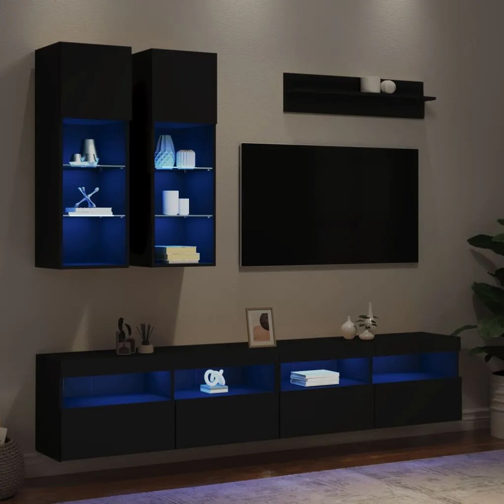vidaXL 6 pcs conjunto de móveis de parede para TV com luzes LED preto