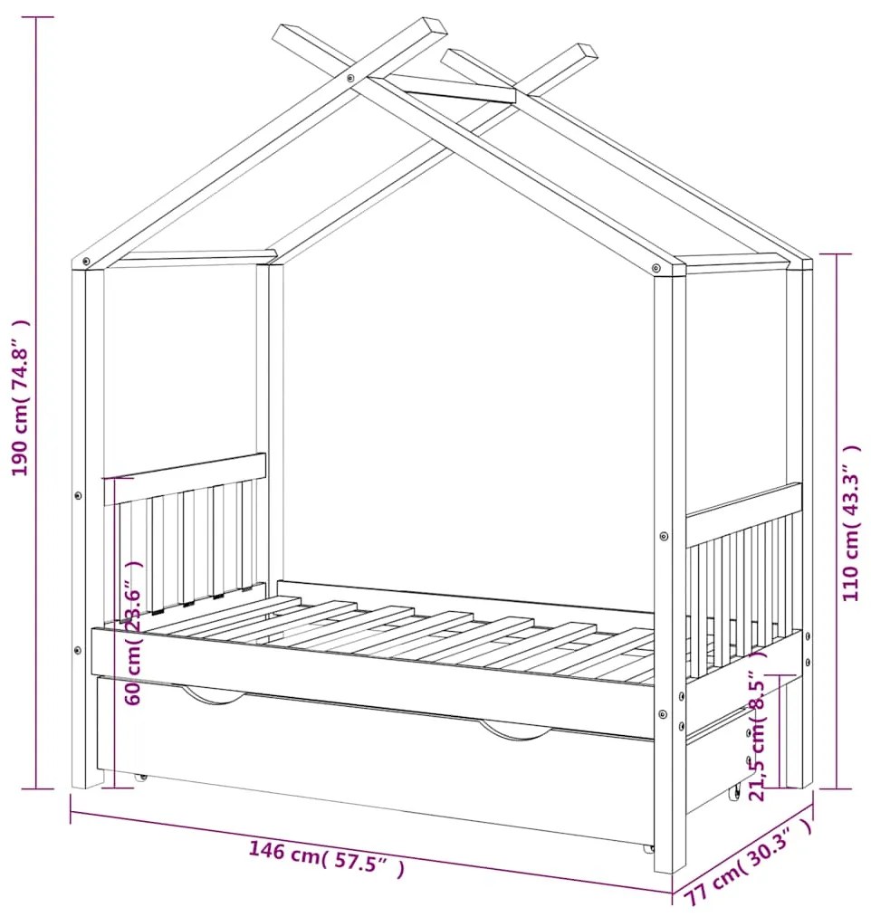Estrutura de cama para criança c/ gaveta 70x140 cm pinho maciço