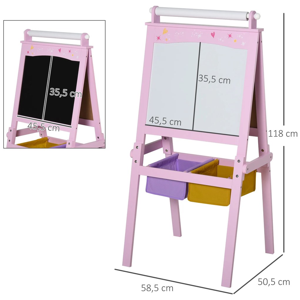 Cavalete Infantil 3 em 1 Cavalete de Arte para Crianças com Quadro Rolo de Papel e 2 Cestos 58,5x50,5x118 cm Rosa