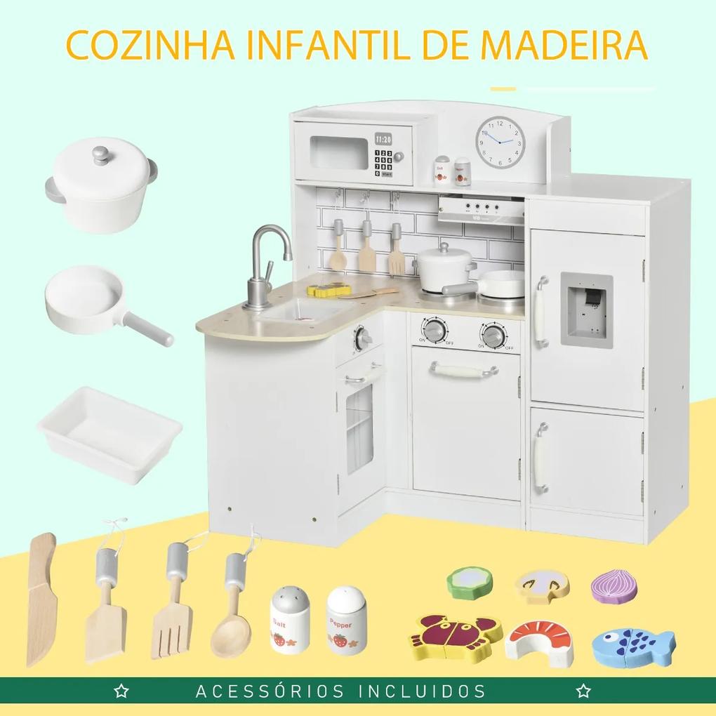 Cozinha de Brinquedo de Madeira para Crianças acima de 3 Anos Cozinha Infantil com Frigorífico Microondas Lavatório e 14 Acessórios 86x64x84,5cm Branc