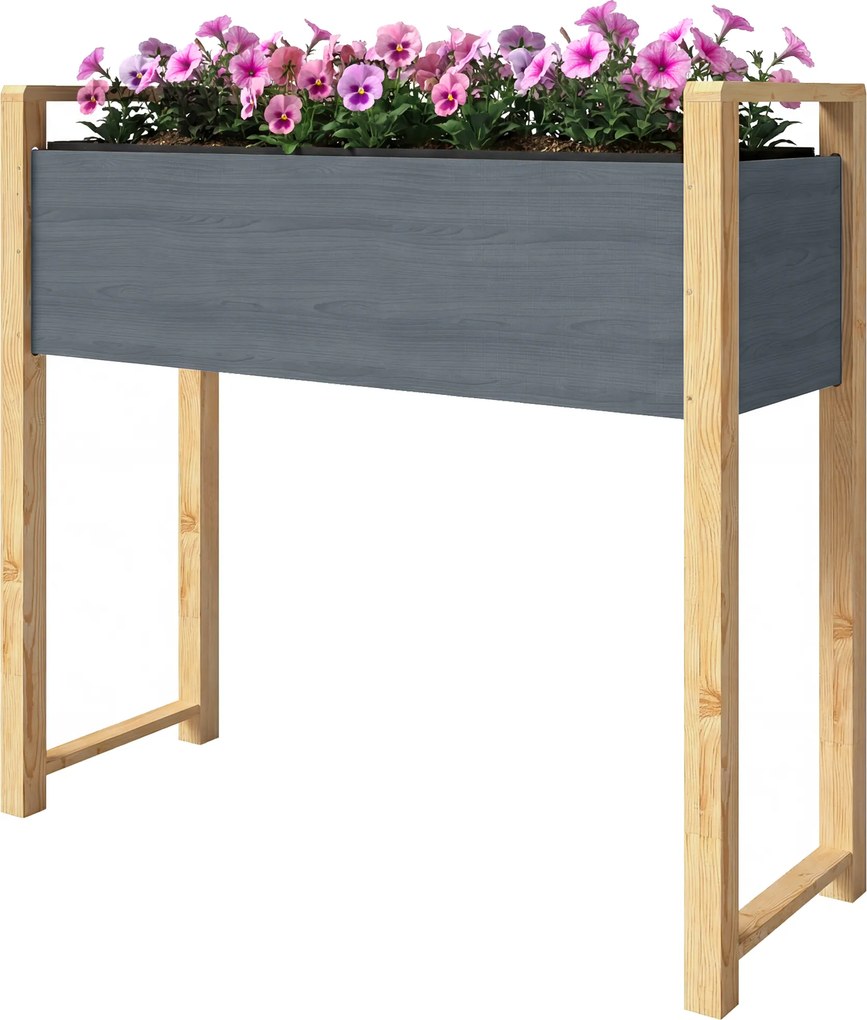 Floreira com pés 98 x 37 x 90 cm, floreira elevada com 4 orifícios de drenagem e tecido não tecido, cinzento