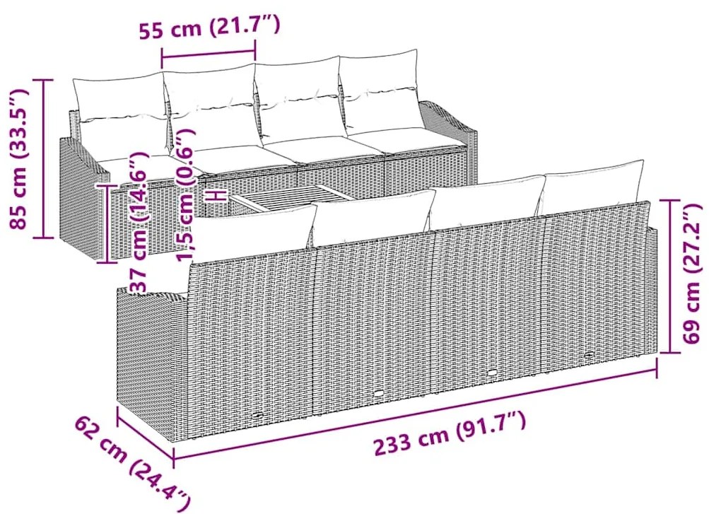 Conjunto de Sofá de Jardim 7 pcs Cinzeto 55 x 55 x 37 cm Vime