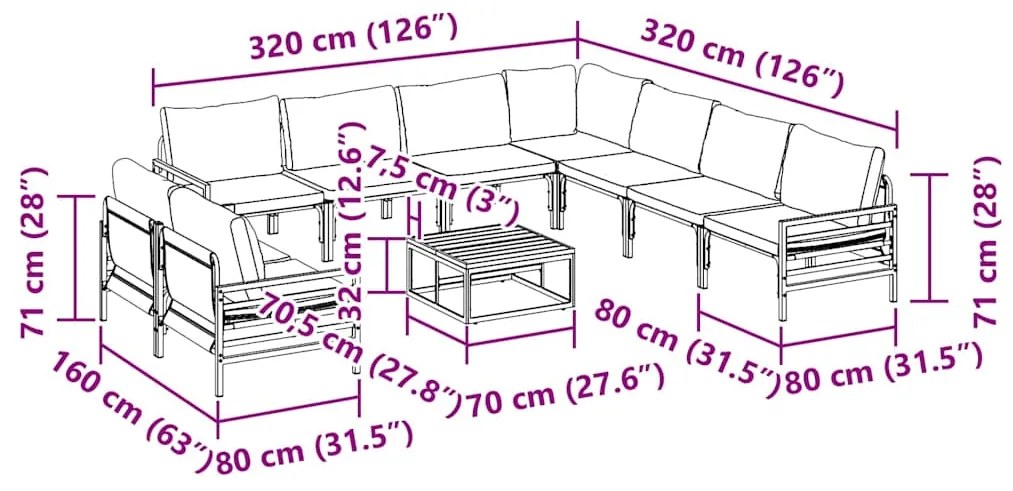 Conjunto de Sofá de Jardim 10 pcs Cinzento-escuro Aço